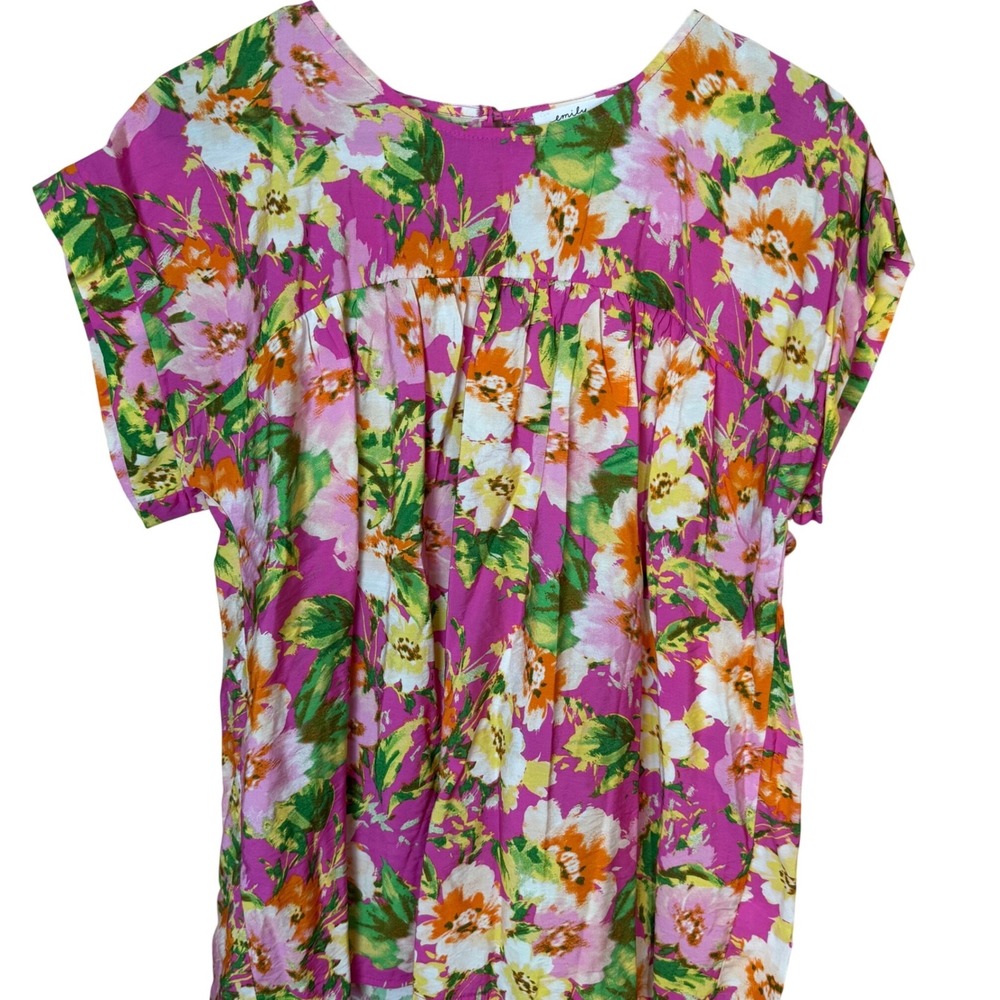 SALE Emily Wonder Womens Floral Print Short Sleeve Button‎ Back Tunic Top Size L